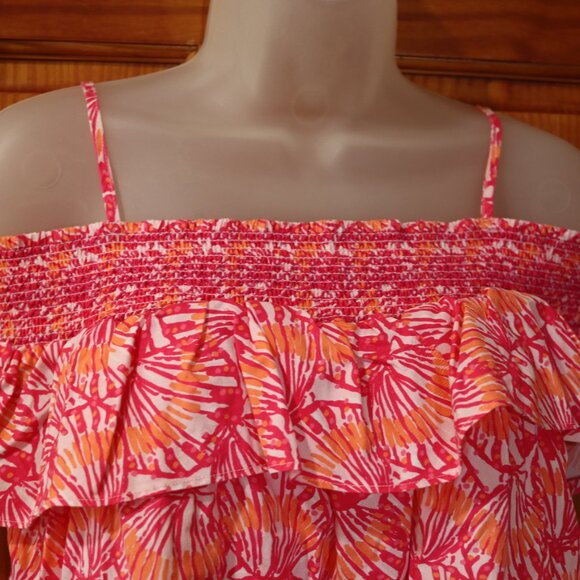 Vineyard Vines Pink & White Tropical Print Off Shoulder Tank Top Ruffle LG - Picture 2 of 12